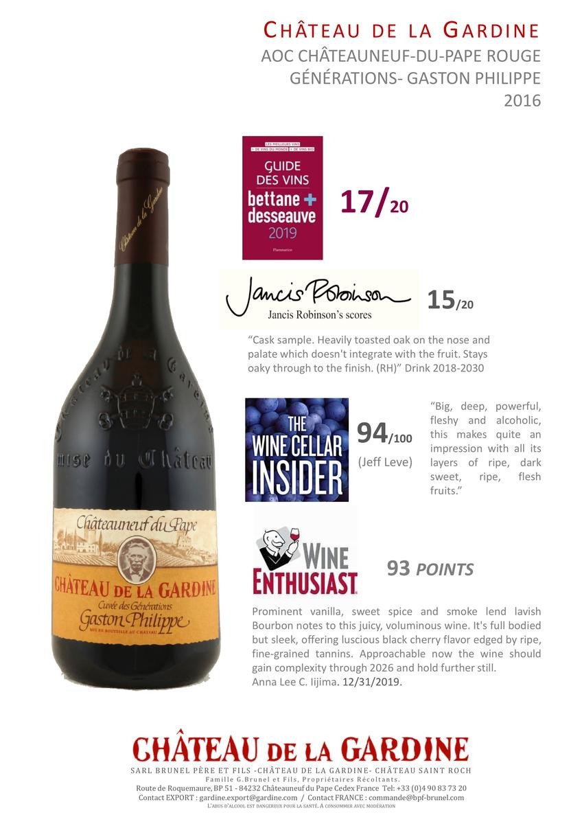 PRESSE millésime 2016 Châteauneuf du Pape rouge Générations Gaston Philippe