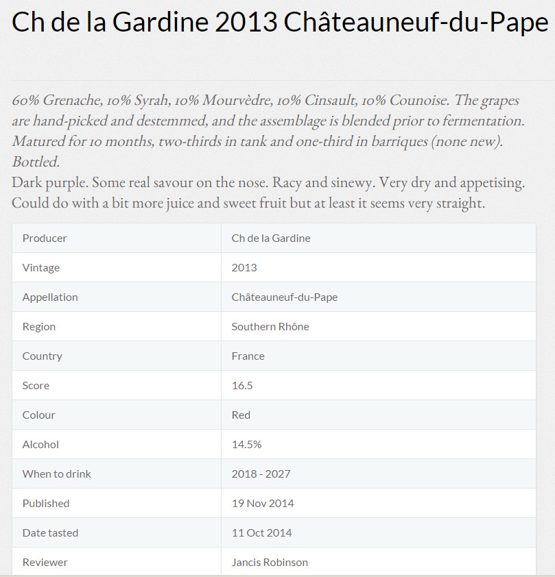 PRESSE 16.5/20 Jancis Robinson Châteauneuf Tradition 2013
