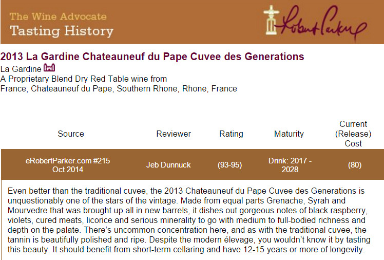 PRESSE 93-95 Robert Parker Châteauneuf Cuvée des Générations 2013