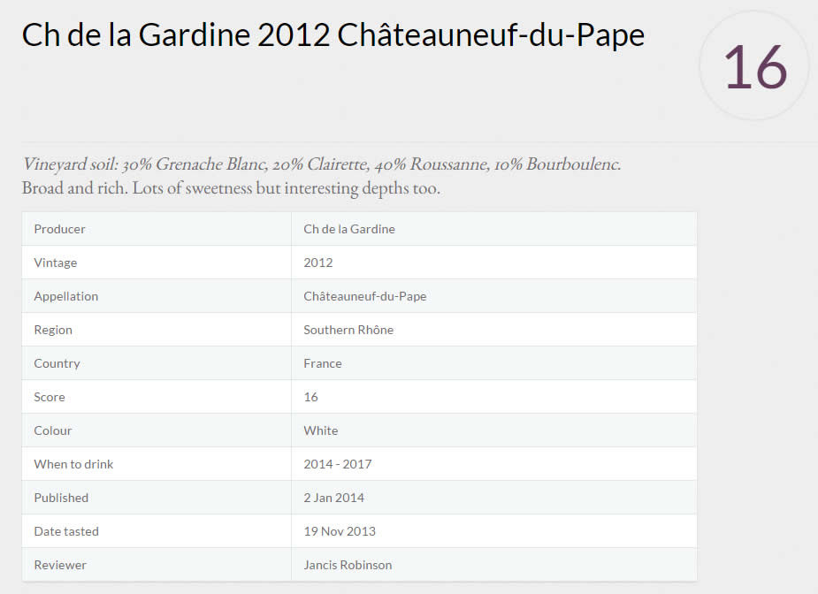 PRESSE 16/20 Jancis Robison Châteauneuf blanc cuvée Tradition 2012
