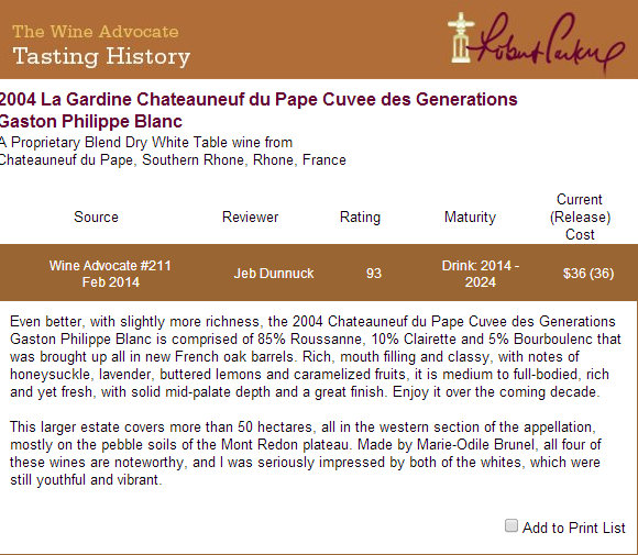 PRESSE 93 Robert Parker - Châteauneuf blanc cuvée Marie Léoncie 2004