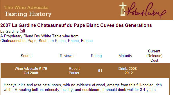PRESSE 91 Robert Parker - Châteauneuf blanc cuvée Marie Léoncie 2007